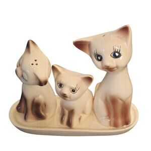 Vtg Ceramic Siamese Cats Salt & Pepper, Toothpick Holder Under Plate Set Of 4